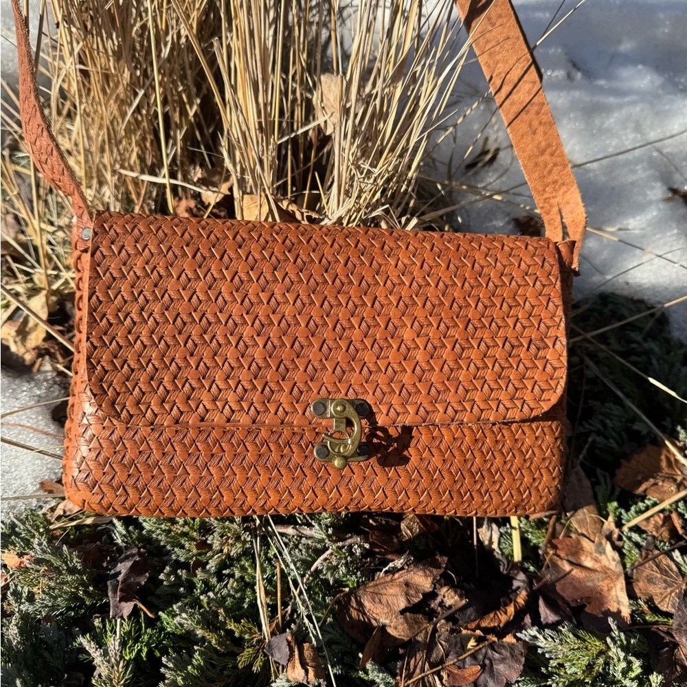 Chic Tan Leather Stamped Crossbody Bag
